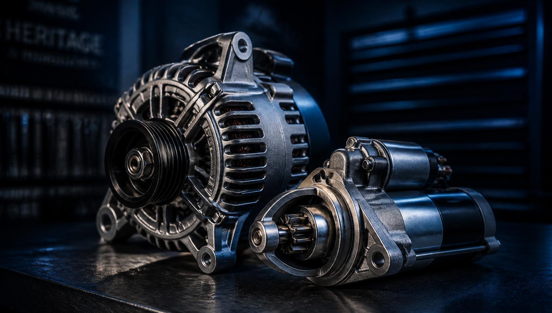 Starter motor and alternator on a workshop bench